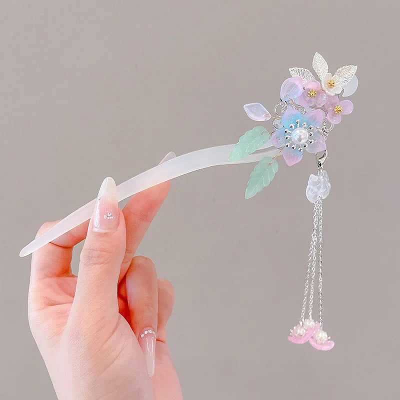 Elegant Chinese Enameled Flower Tassel Hairpin