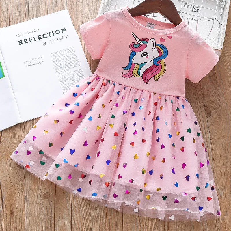 Cotton Cartoon Unicorn Mesh Party Princess Dress