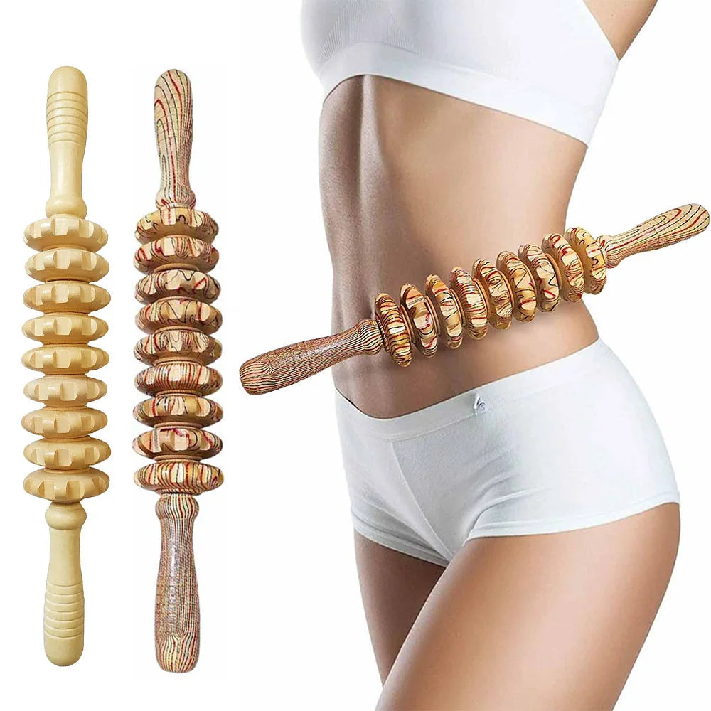 Wooden 9-Roller Handheld Massager Stick