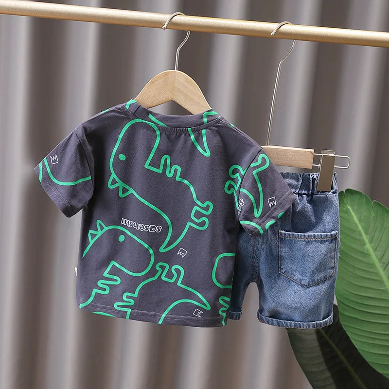 Summer Dinosaur T-shirt and Denim Shorts Outfit Set
