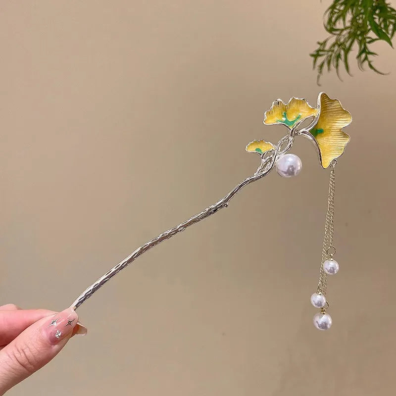 Elegant Chinese Enameled Flower Tassel Hairpin