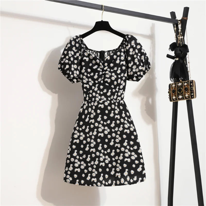 Floral Chiffon Mini Dress with Puff Sleeves