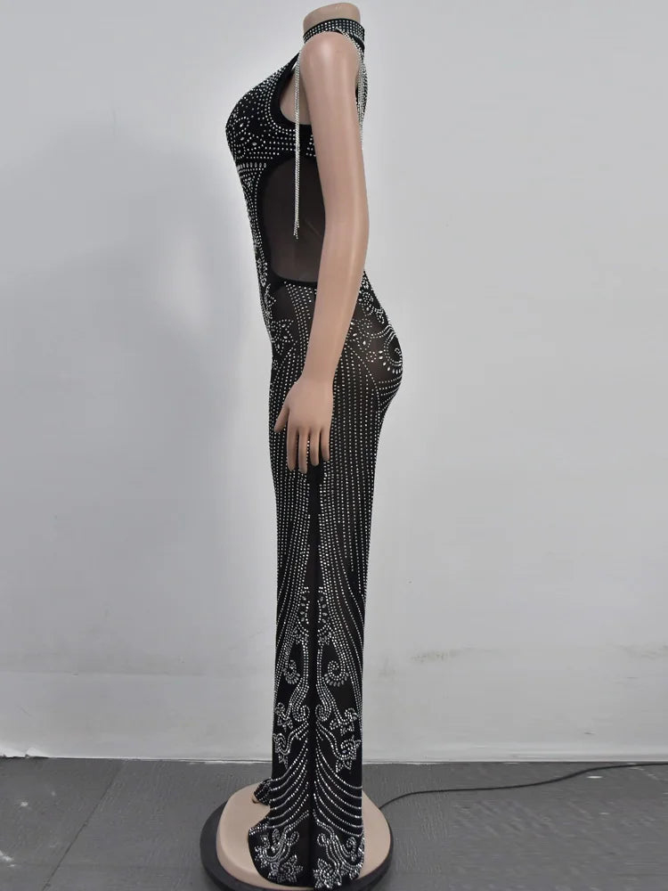 Black Rhinestone Mesh Jumpsuit