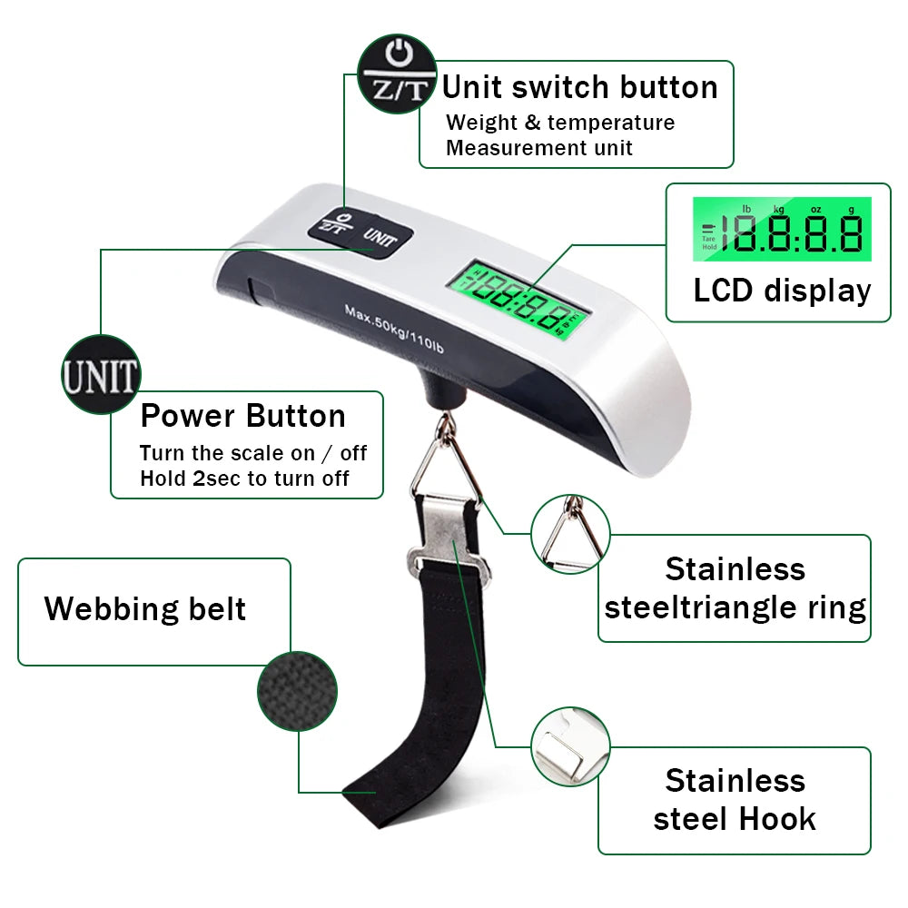 Portable LCD Digital Luggage Scale 50kg/110lb Travel Weighing Tool