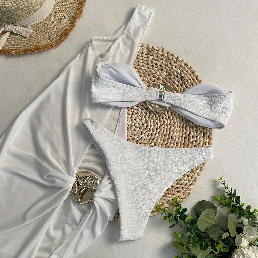 SERENECHIC 2025 New Sexy There-piece Swimsuit Solid Strapless Bikini Set with Long Skirt Cover-Up Women's Bathing Suit Beachwear