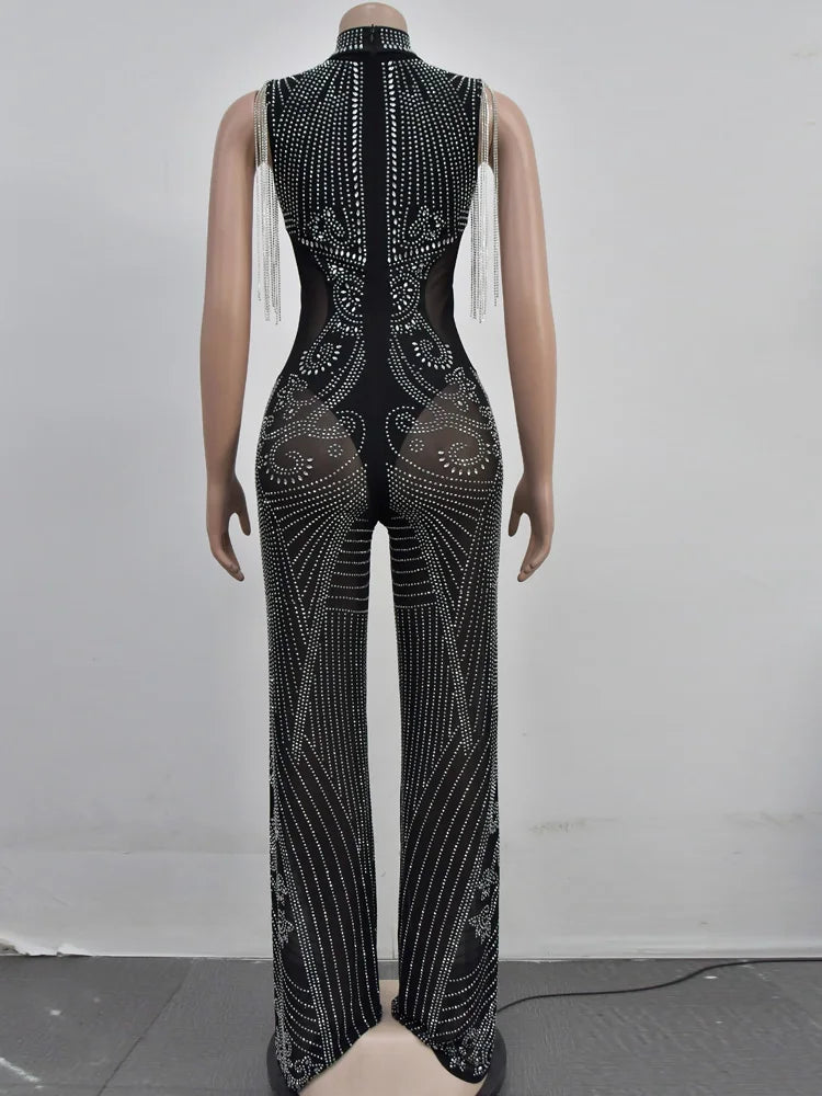 Black Rhinestone Mesh Jumpsuit