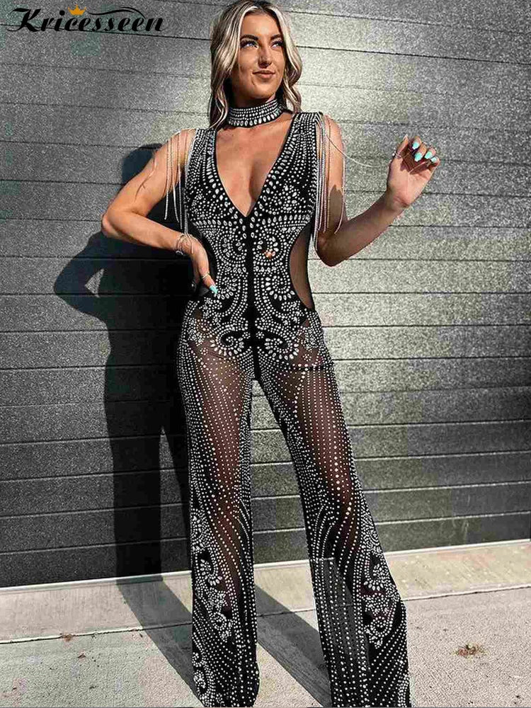 Black Rhinestone Mesh Jumpsuit
