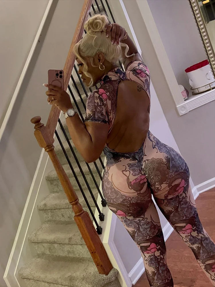 Colorful Print Mesh Backless Jumpsuit