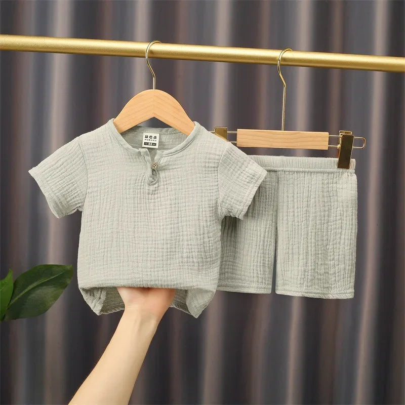 Summer Cotton Linen T-Shirts and Shorts Set for Kids
