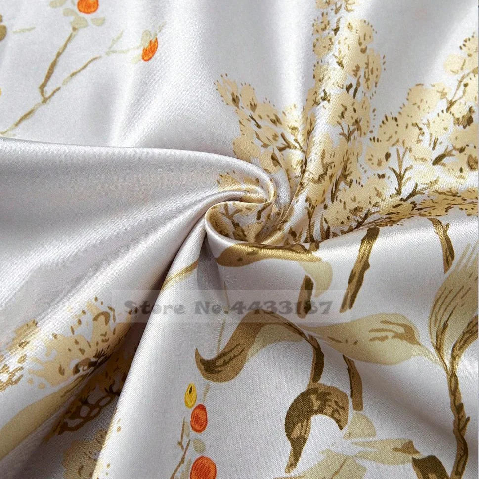 Black Floral Print Satin Long Robe