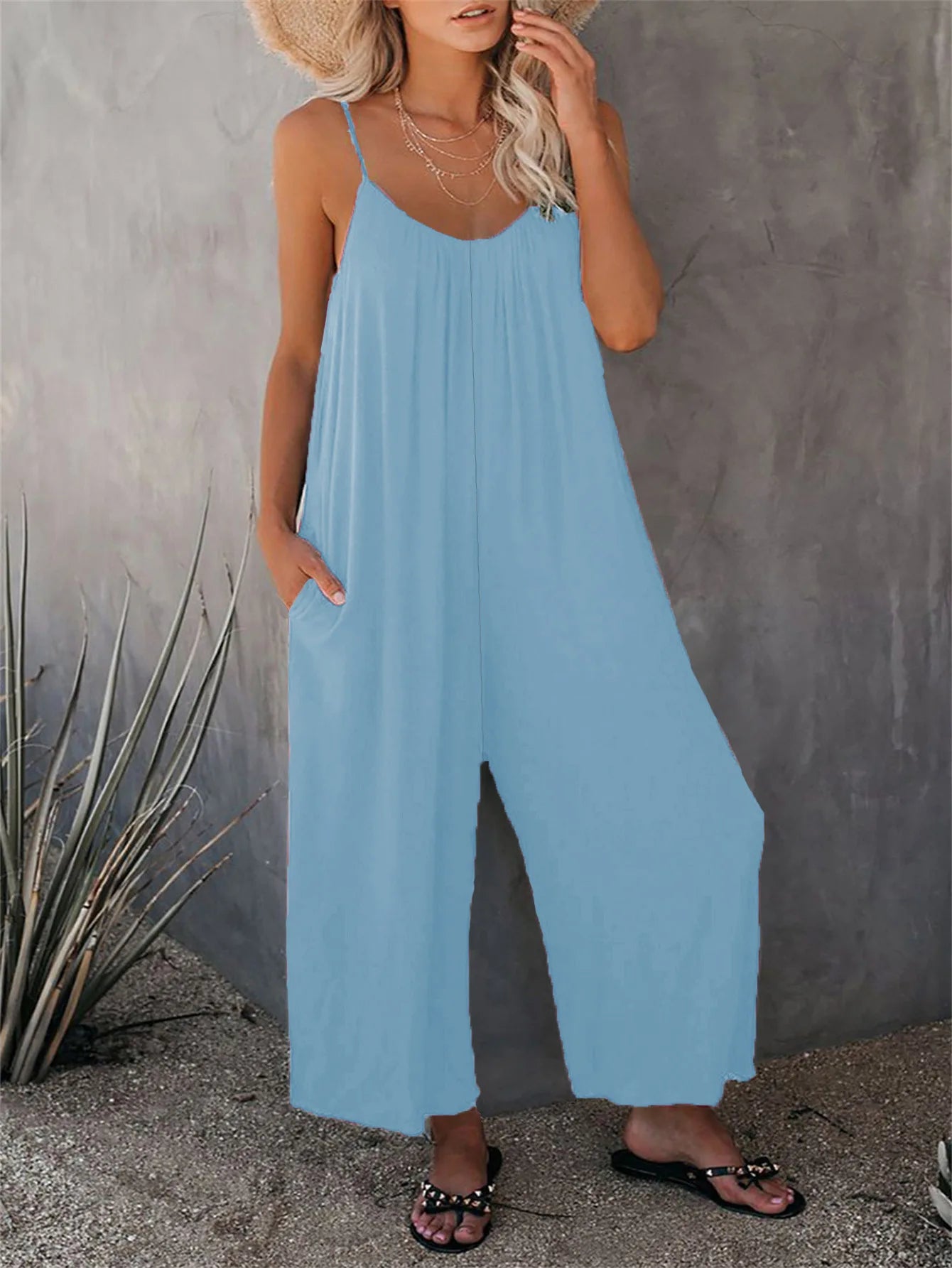 Summer Solid Color Pocket Jumpsuit
