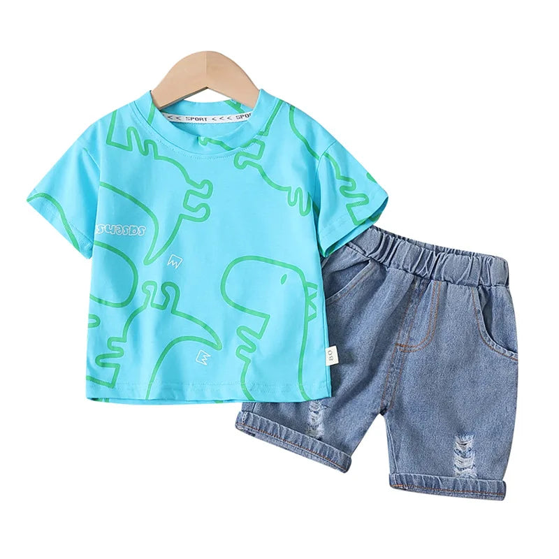Summer Dinosaur T-shirt and Denim Shorts Outfit Set