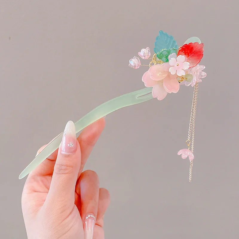 Elegant Chinese Enameled Flower Tassel Hairpin