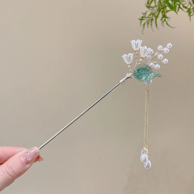 Elegant Chinese Enameled Flower Tassel Hairpin