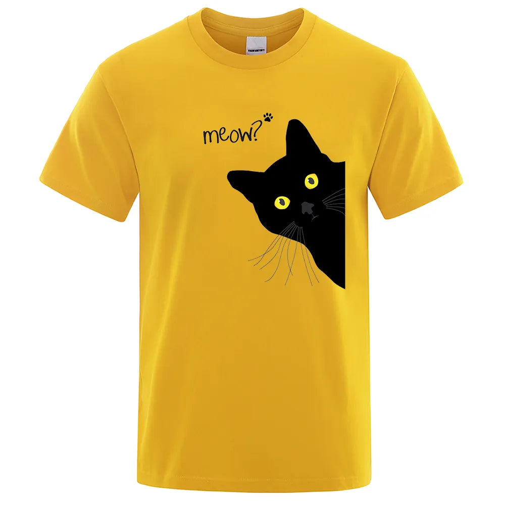 Meow Black Cat Print T-Shirts