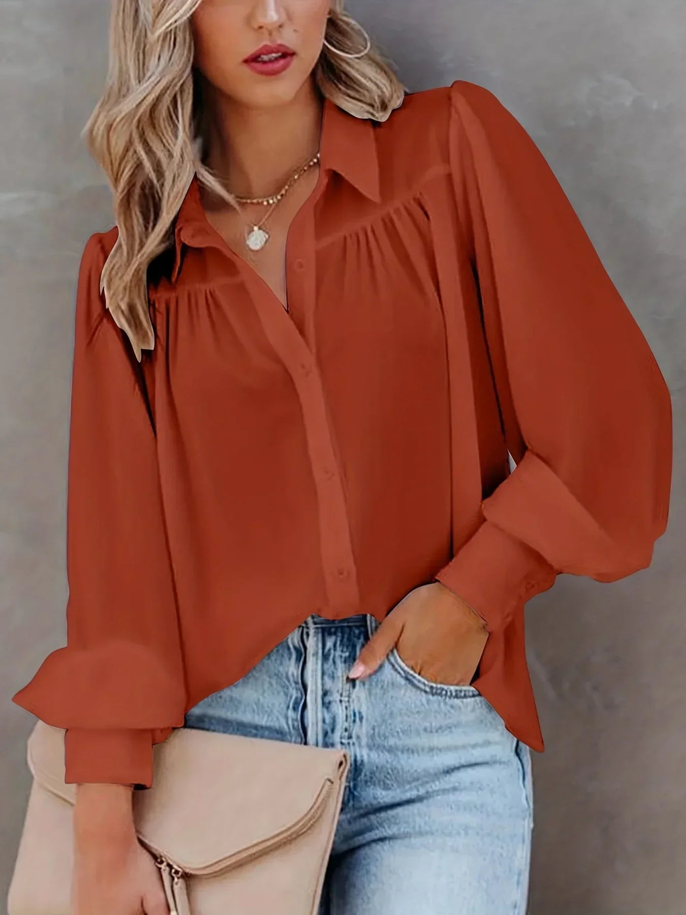 Plus Size Lantern Sleeve Button-Up Blouse