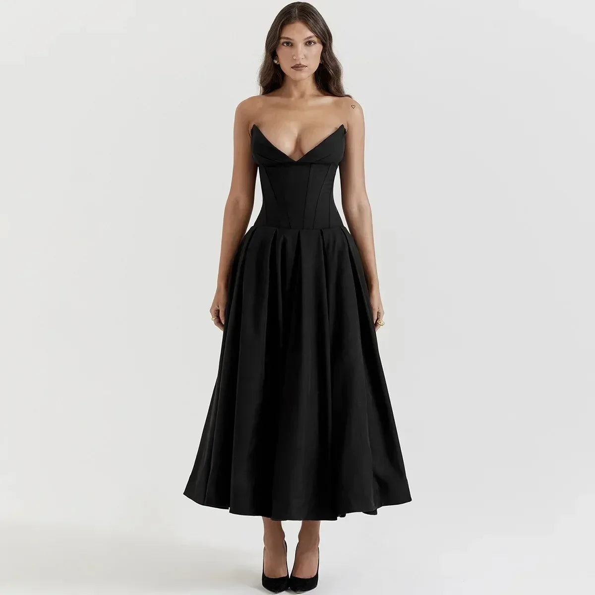 Elegant Black Strapless Corset Midi Dress