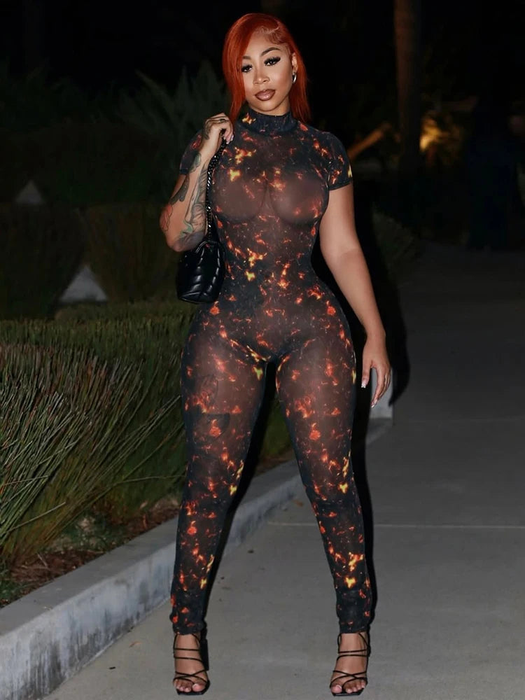 Colorful Print Mesh Backless Jumpsuit