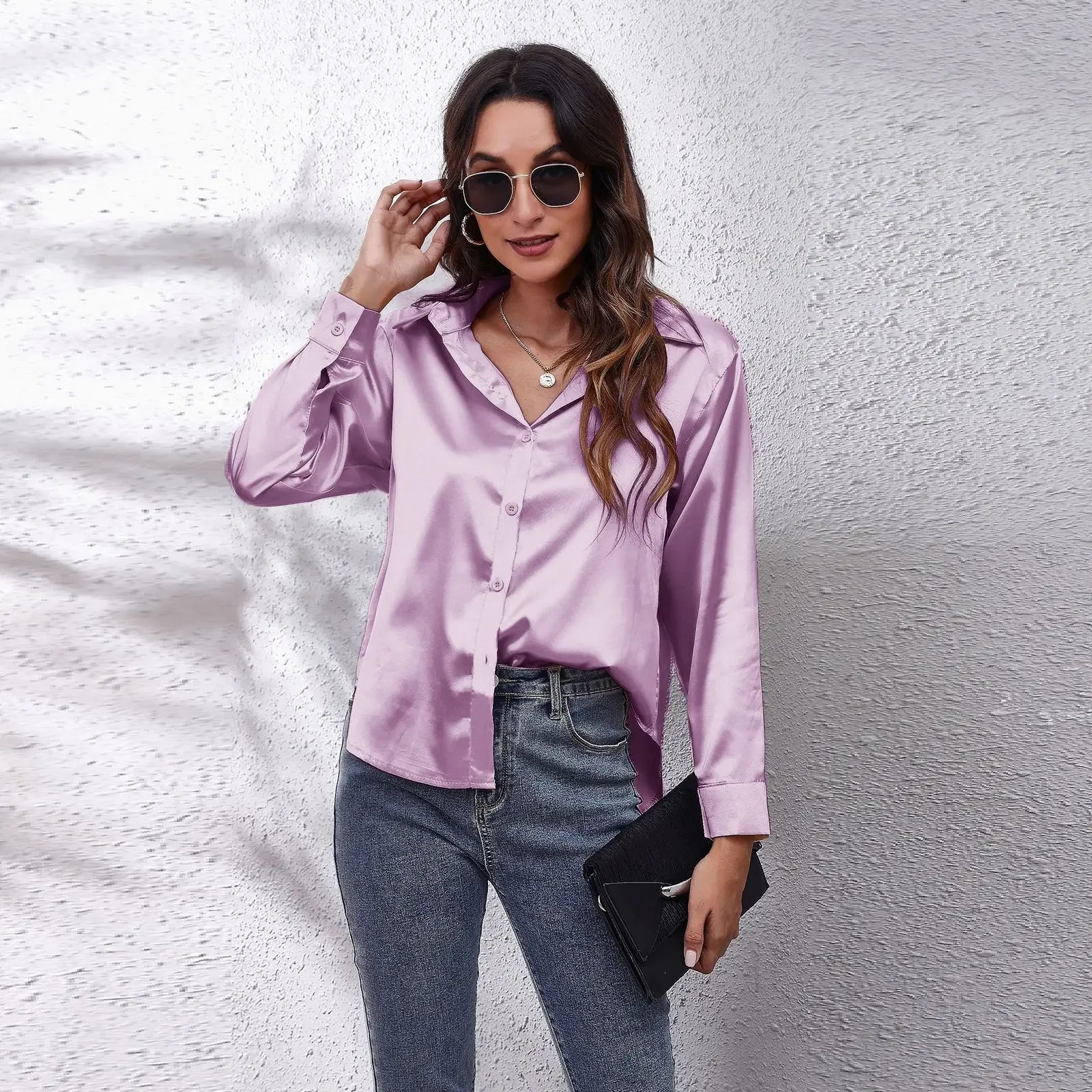 Elegant Satin Silk Long Sleeve Button-Up Shirt