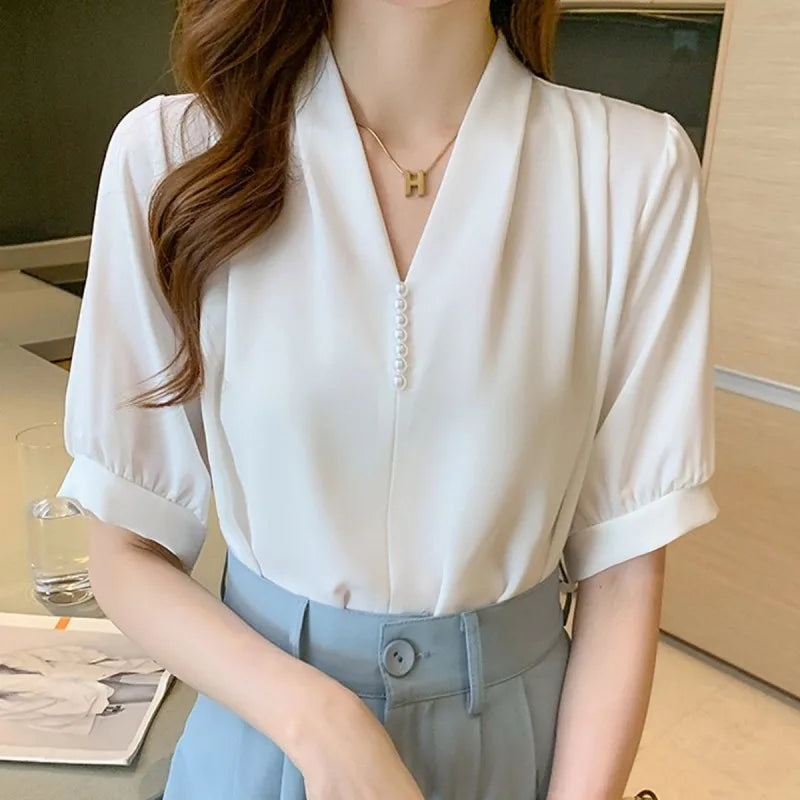 Summer V-Neck Puff Sleeve Blouse
