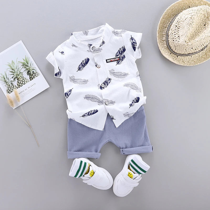 Summer Baby Feather Print Shirt and Shorts Set