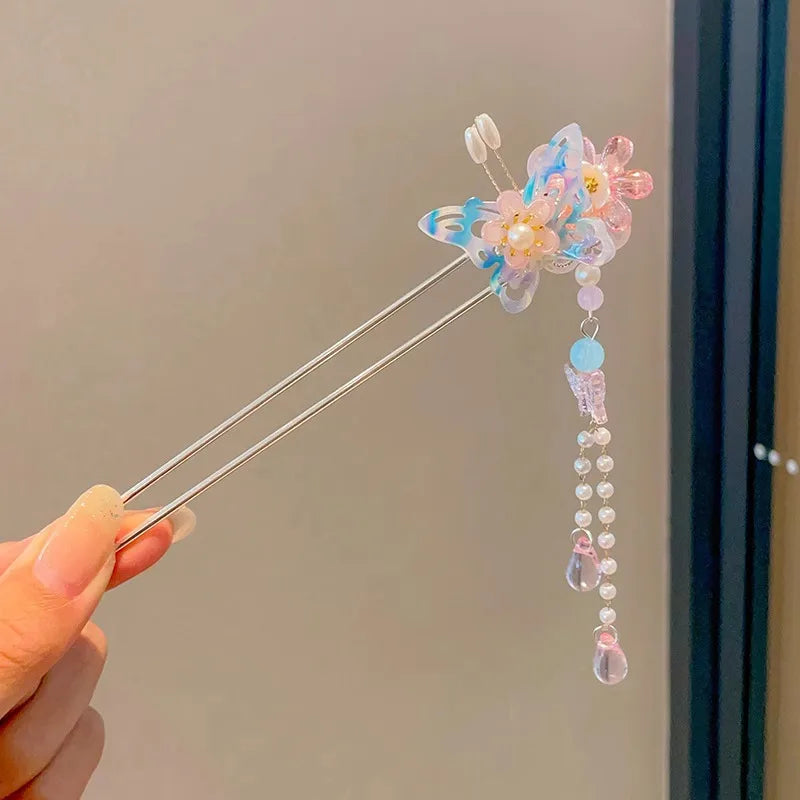 Elegant Chinese Enameled Flower Tassel Hairpin