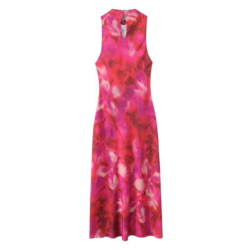 Elegant Printed Satin Midi Dress