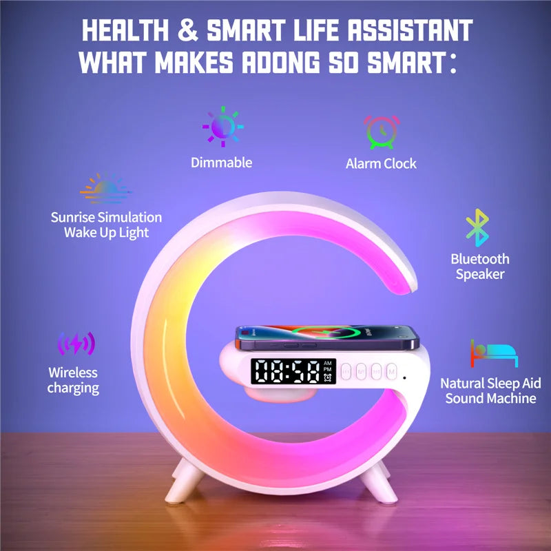 Multifunctional Wireless Charger Stand with Speaker, Night Light, and Alarm