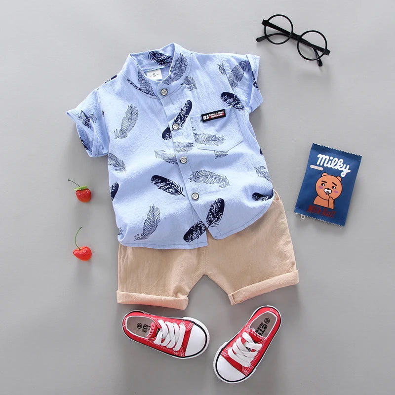 Summer Baby Feather Print Shirt and Shorts Set