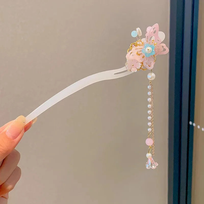 Elegant Chinese Enameled Flower Tassel Hairpin