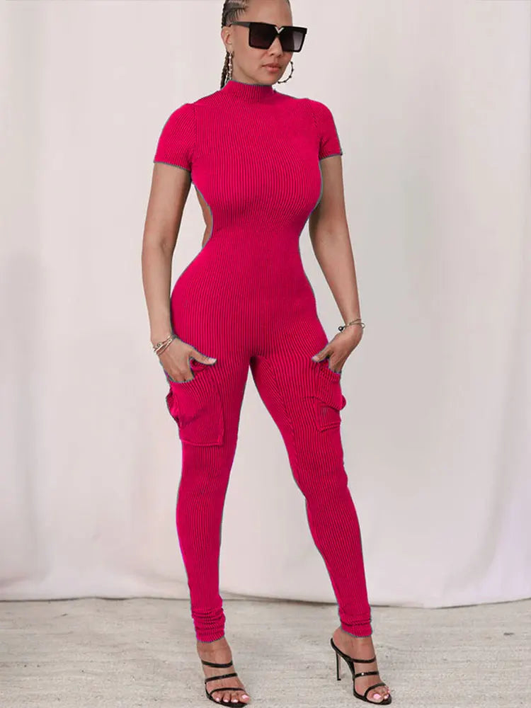New Women's Sexy Sweet Pink Hollow-Out Jumpsuit