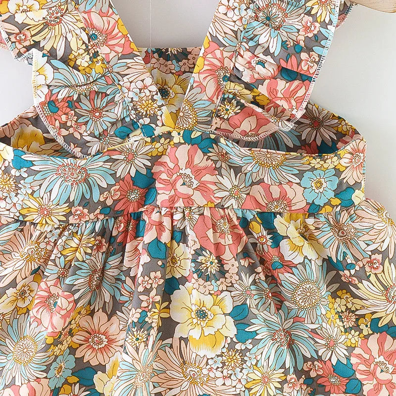 Vintage Garden Flower Baby Girl's Dress with Matching Straw Bag