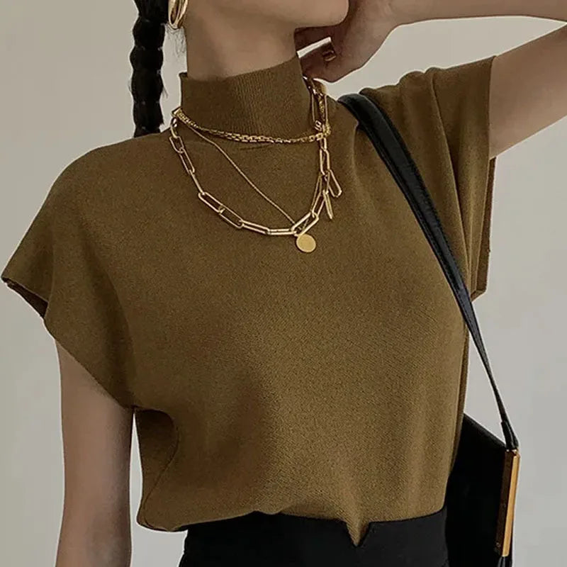 Elegant Knitted Stand Collar Short Sleeve Top