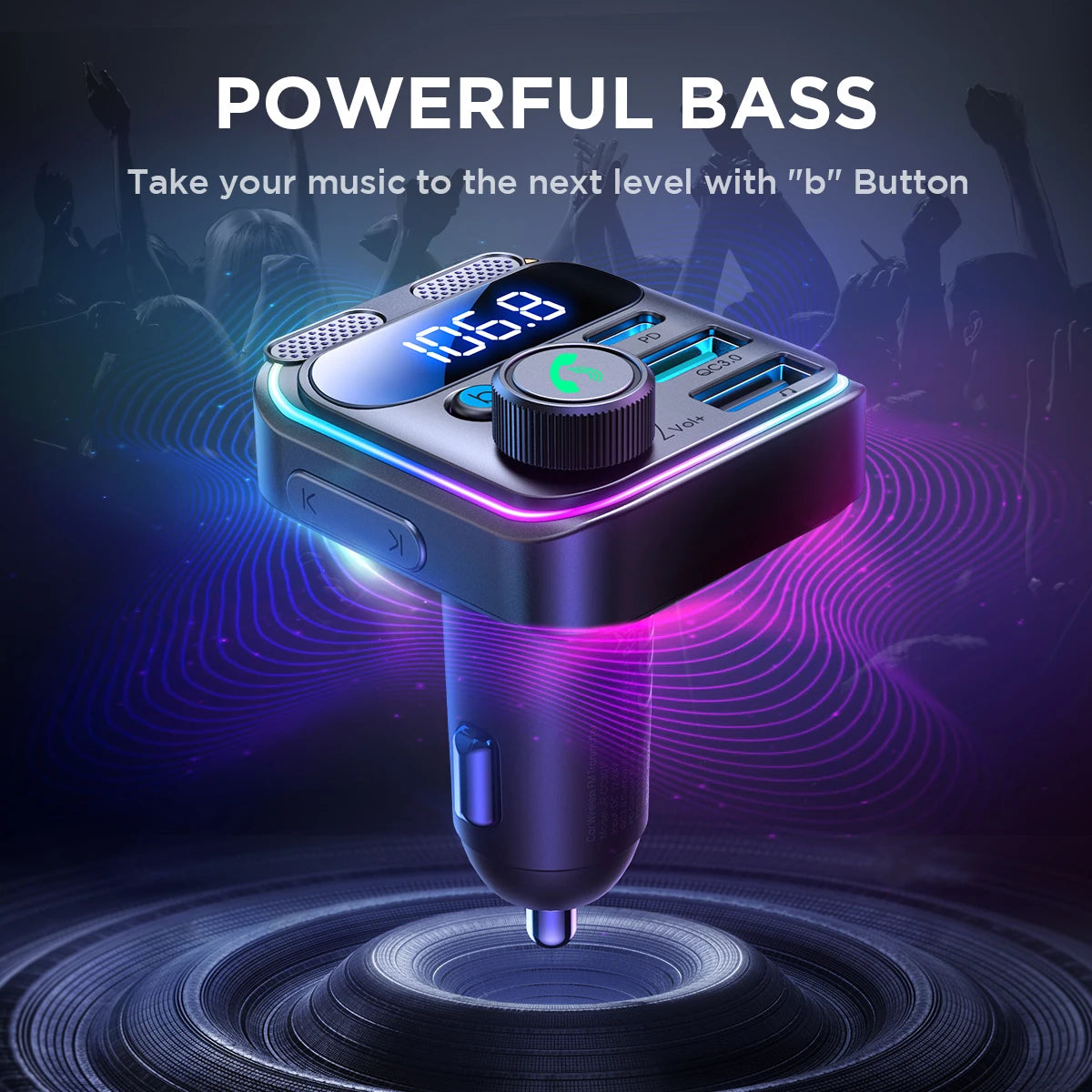 Bluetooth 5.3 FM Transmitter with Dual Mics & Car Charger