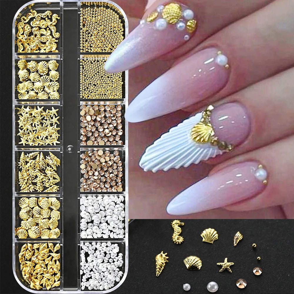 Ocean-Themed Gold Nail Charms Set