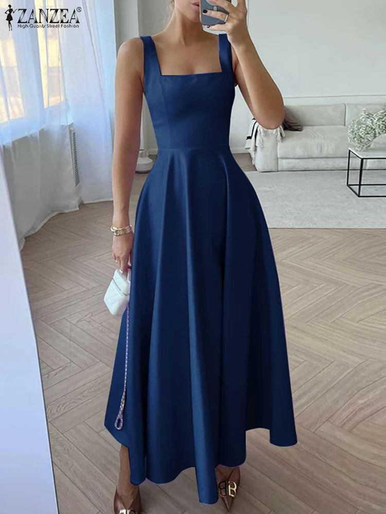 Elegant Satin Silk Square Neck Maxi Dress