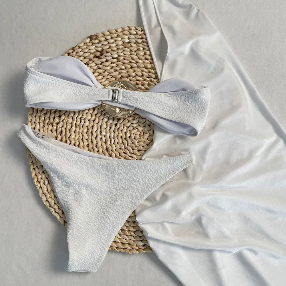 SERENECHIC 2025 New Sexy There-piece Swimsuit Solid Strapless Bikini Set with Long Skirt Cover-Up Women's Bathing Suit Beachwear