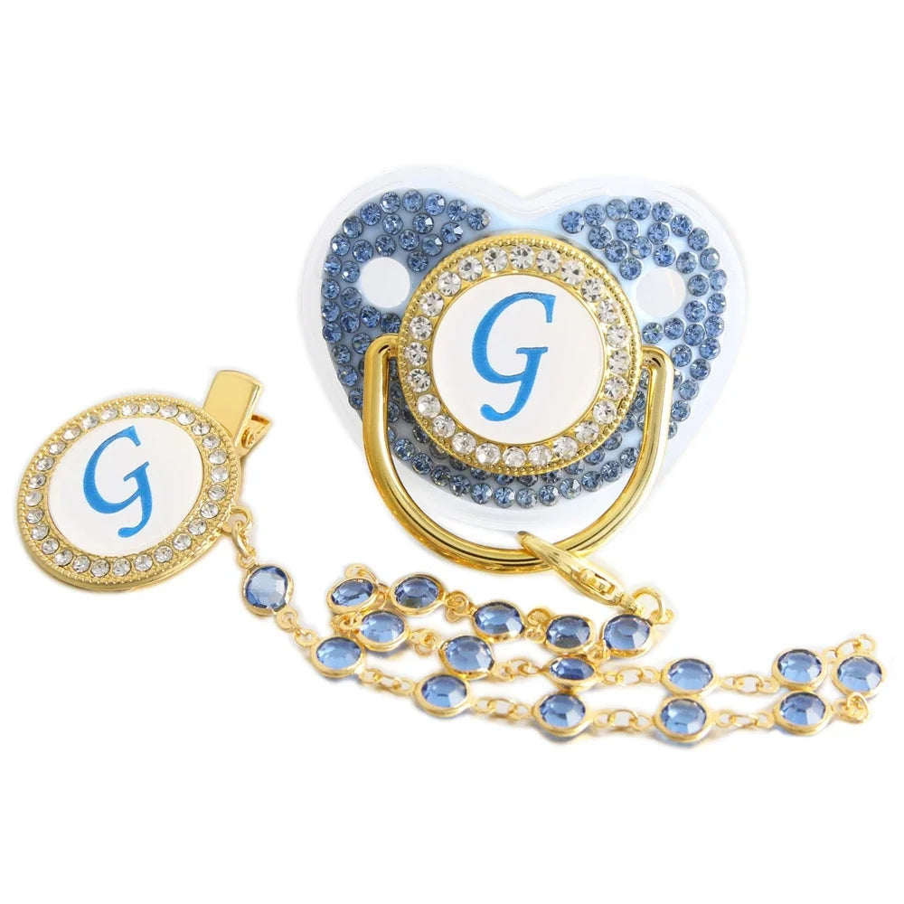 Blue Letter Pacifier with Beaded Gem Clip
