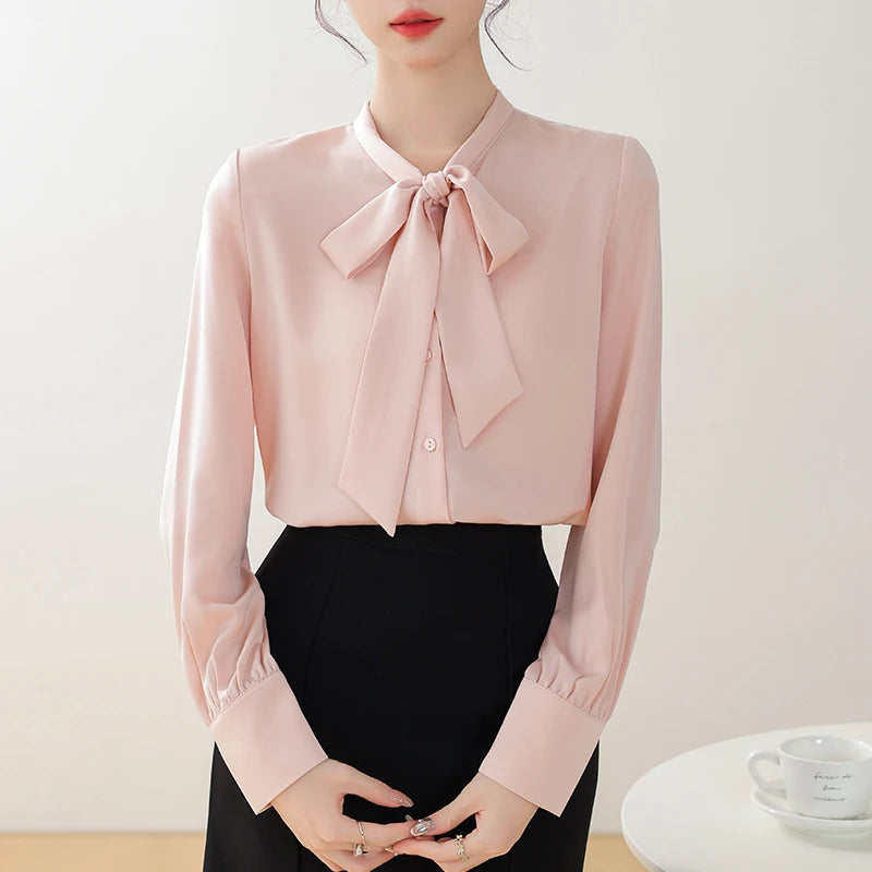 Blue Satin Bow Blouse