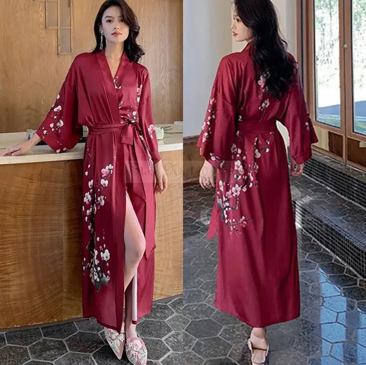 Black Print Flower Long Robe Nightgown Spring Summer Half Sleeve Kimono Bathrobe Gown Women Sexy Rayon Home Dress Loungewear
