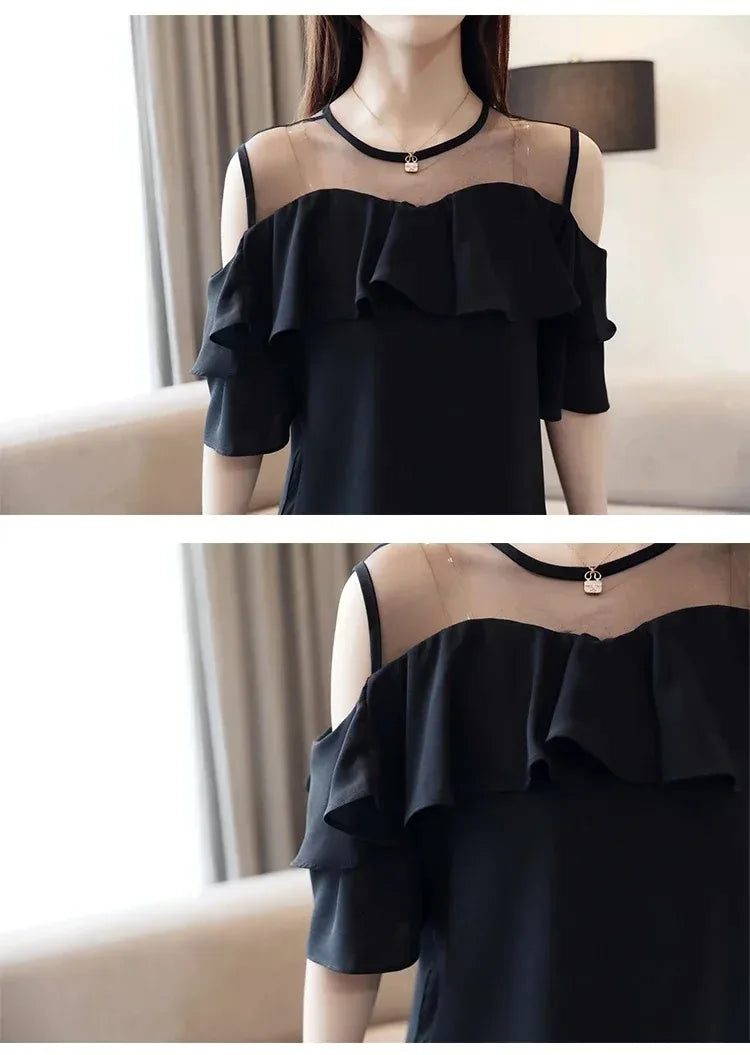Elegant Mesh Chiffon Ruffle Blouse