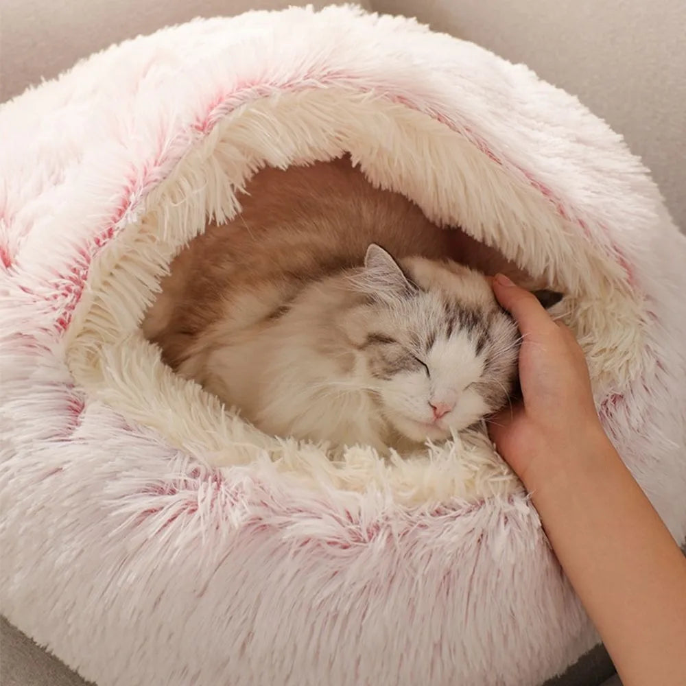 Round Plush Cat Bed Enclosed Sleep Bag