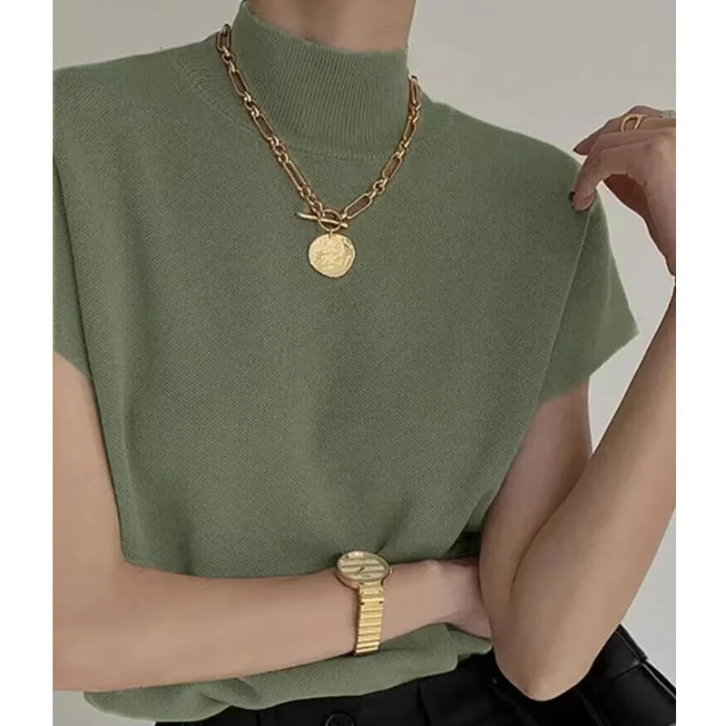 Elegant Knitted Stand Collar Short Sleeve Top