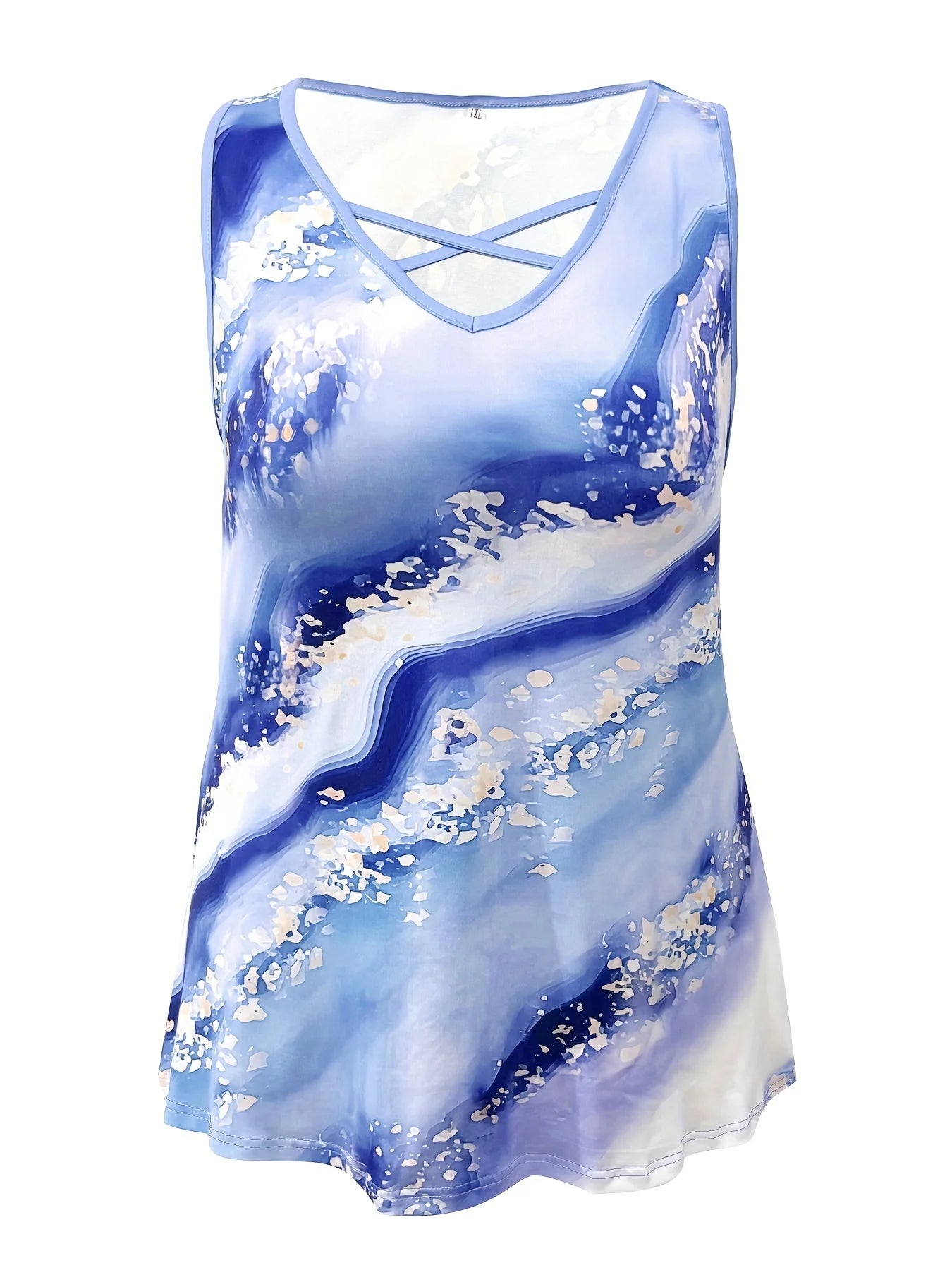 Plus Size Marble Print V-Neck Crisscross Tank Top