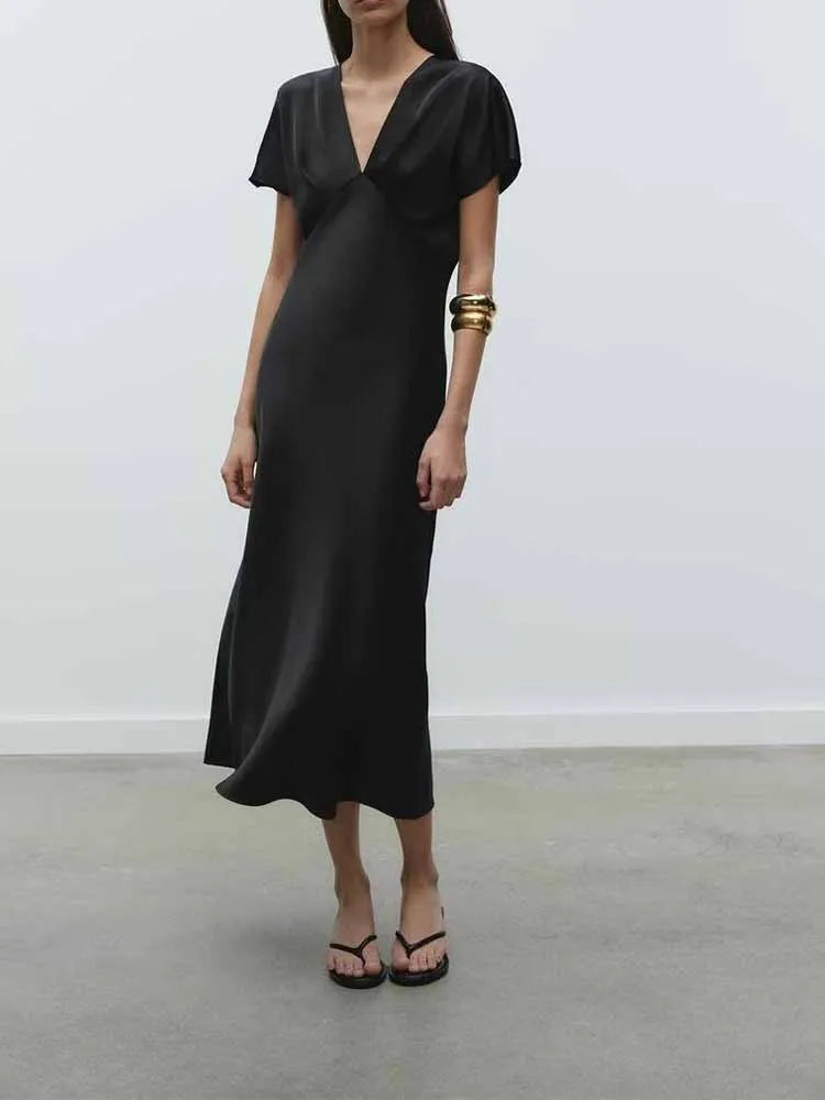 Elegant Silk Satin V-Neck Midi Dress