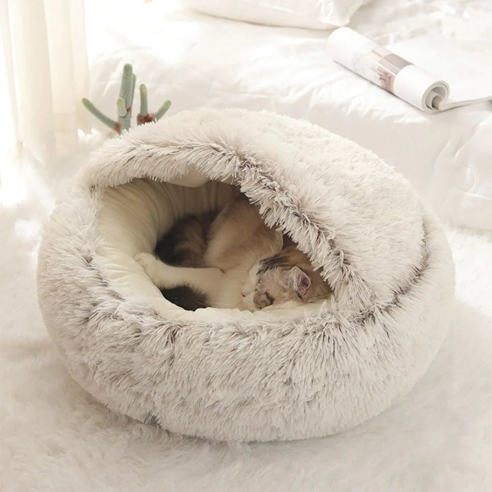 Round Plush Cat Bed Enclosed Sleep Bag