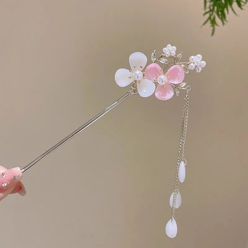 Elegant Chinese Enameled Flower Tassel Hairpin