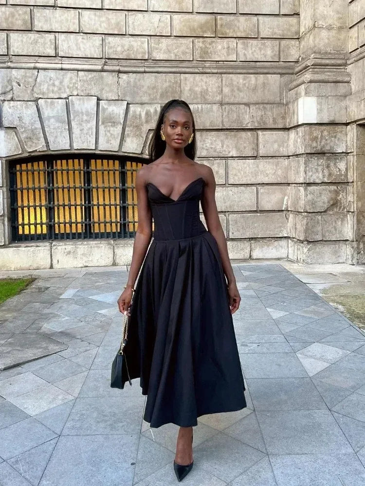 Elegant Black Strapless Corset Midi Dress