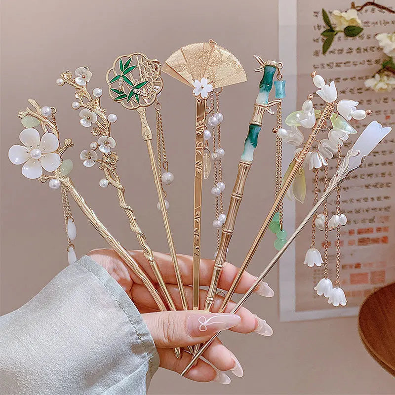 Elegant Chinese Enameled Flower Tassel Hairpin