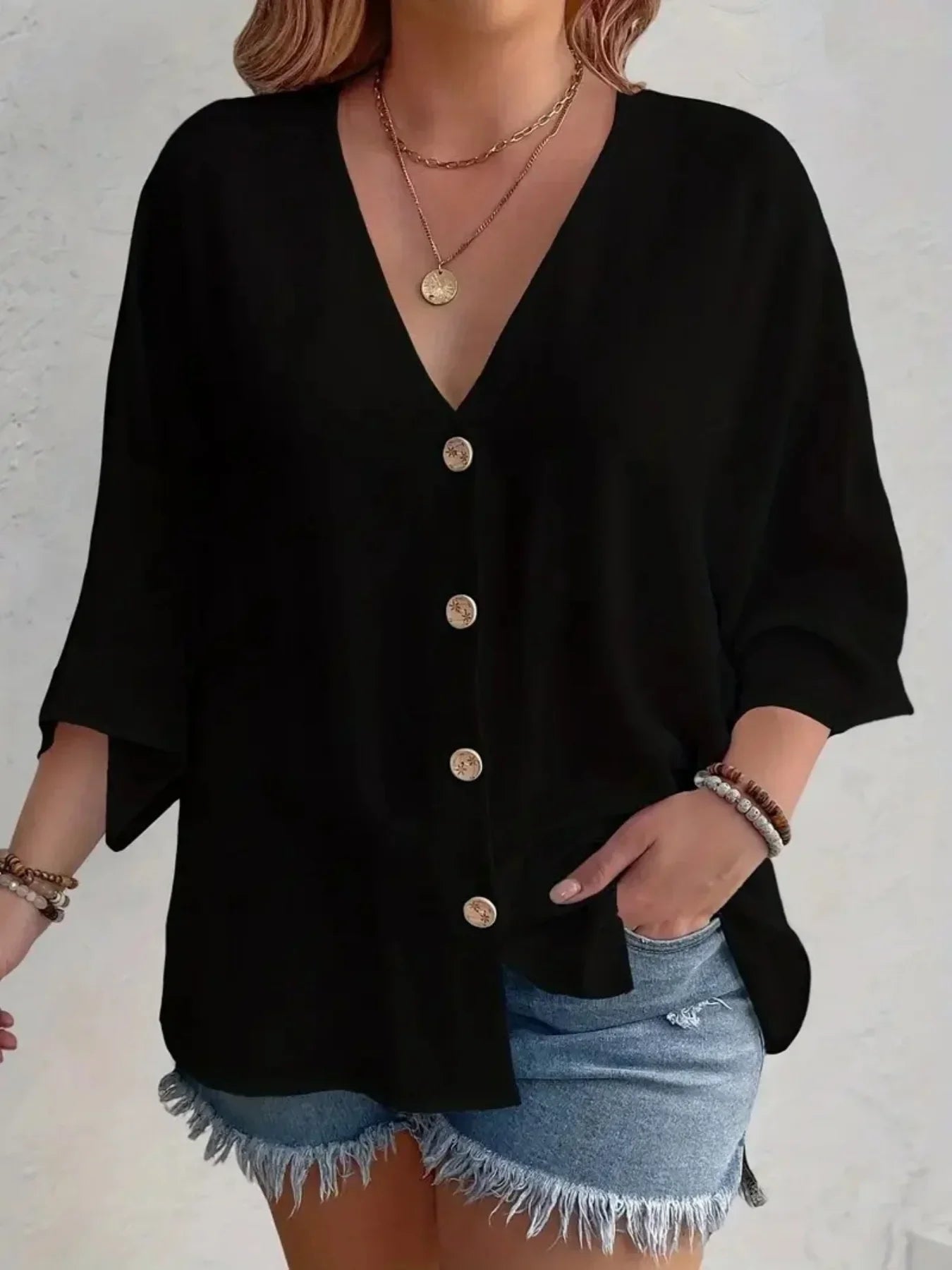 Plus-Size V-Neck Button T-Shirt